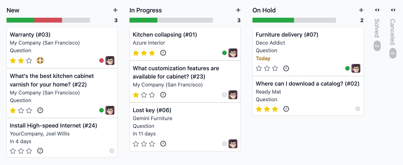 Odoo Helpdesk ticket overview showing support requests and their status. Example data.