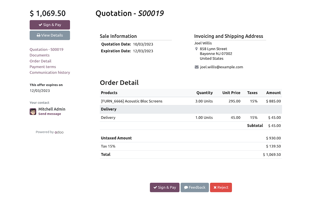 Odoo Sales quotation interface for reviewing a customer quote. Example data.