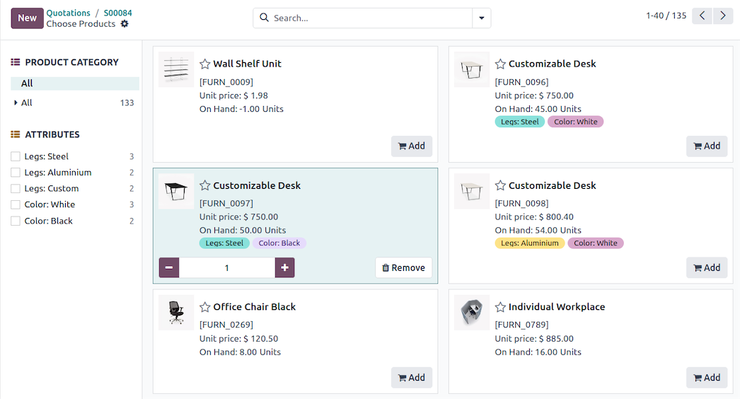 Odoo quotation editor showing a product catalogue alongside the order. Example data.